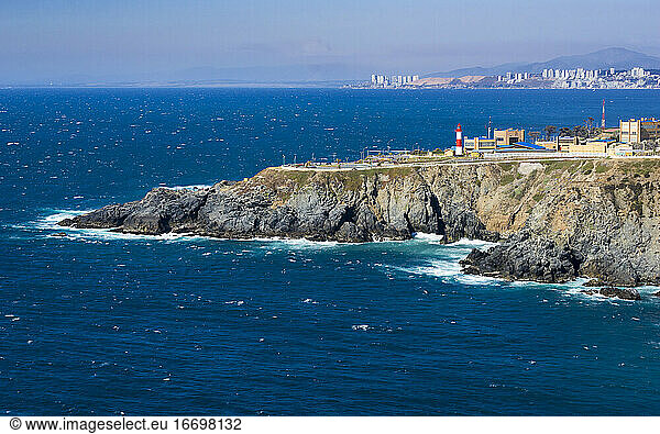 Mid distant view of Punta Angeles Lighthouse  Playa Ancha  Valparaiso  Chile