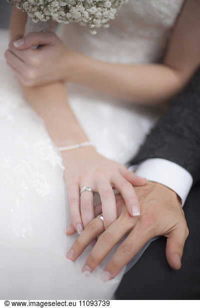 Mid section view of a bride and groom showing their wedding ring