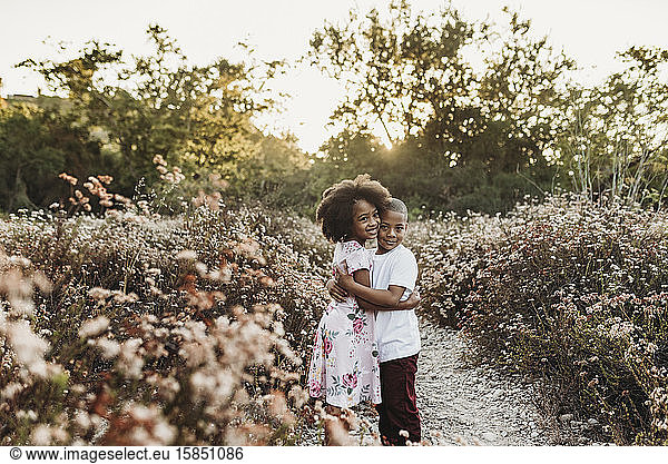 Mid view of brother and sister hugging in backlit field of flowers