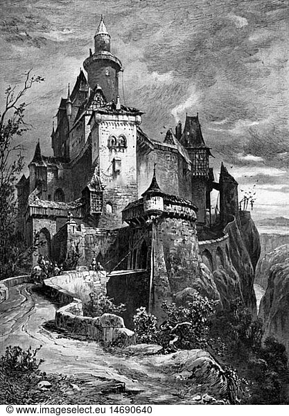 Middle Ages  architecture  knight's castle  illustration  19th century  castle  castles  drawing  suspension bridge  hanging bridge  suspension bridges  hanging bridges  rock  rocks  ravine  ravines  knight  knights  military  tower  towers  building  buildings  historic  historical  castles  medieval  people