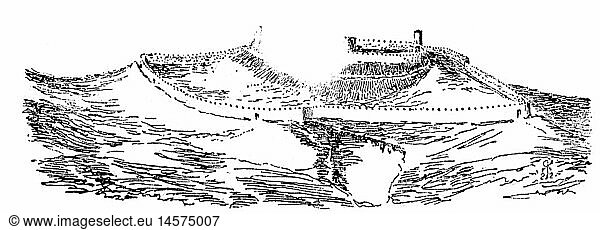 Middle Ages  castles  Slav castle Rethra  Mecklenburg  destroyed 1068/1069  drawing  reconstruction by Robert Koldewey after excavation on the Feldberg  1922  archeology  archaeology  Slav  Slavs  mount  mountain  Germany  Mecklenburg-West Pomerania  Mecklenburg-Western Pomerania  Mecklenburg West Pomerania  Mecklenburg Western Pomerania  Mecklenburg-West Pomerania  Mecklenburg-Western Pomerania  Mecklenburg West Pomerania  Mecklenburg Western Pomerania  11th century  20th century  historic  historical  1920s  medieval