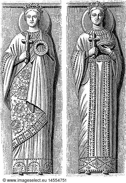 Middle Ages  Kingdom of the Lombards  Lombard princesses in Byzantine costumes  wood engraving  19th century  after statues from Cividale del Friuli  8th century  Germanic  Teuton  the Germanic people  Teutons  Langobards    clothes  cross  crosses  fashion  Italy  historic  historical  nobility  noblewoman  medieval