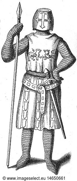 middle ages  knights  French knight in knight's armour  wood engraving after the tomb of Hugues Vidame (+1279) in the abbey of Chalons  13th century  historic  historical  France  Champagne  weapon  arms  weapons  arms  helmet  surcoat  surcoats  Hundred Years' War  clipping  cut out  full length  cut-out  cut-outs  medieval  people