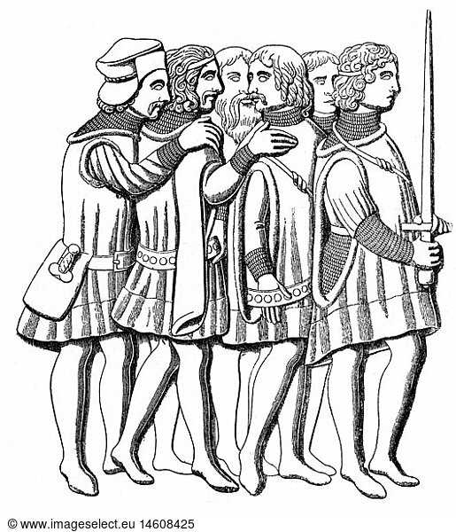 Middle Ages  knights  Italian knights from the first half of the 15th century  wood engraving  19th century  after a bas-relief on the bronze door of St. Peter's Basilica  Rome  noblemen  nobles  nobility  sword  swords  men  man  weapons  arms  weapon  arm  Italy  medieval  mediaeval  fashion  historic  historical  people