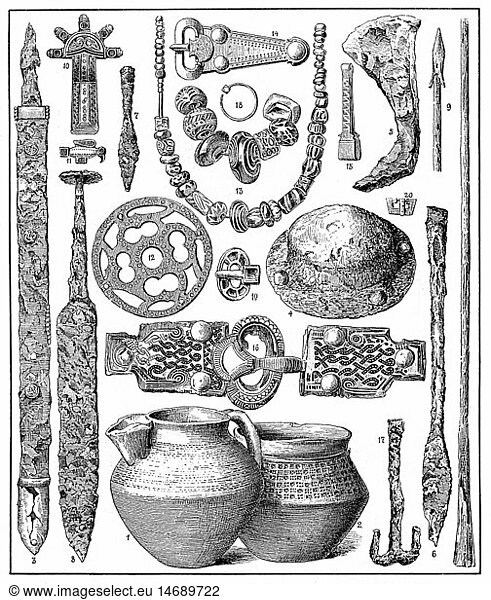 Middle Ages  late antiquity / Early Middle Ages  weapons  jewellery and tools of the Franks and Alemanni  wood engraving  19th century  sword  swords  pot  pots  necklace  necklaces  spearhead  spearheads  jewellery  objects  pendants  pendant  ancient  medieval  mediaeval  historic  historical  people