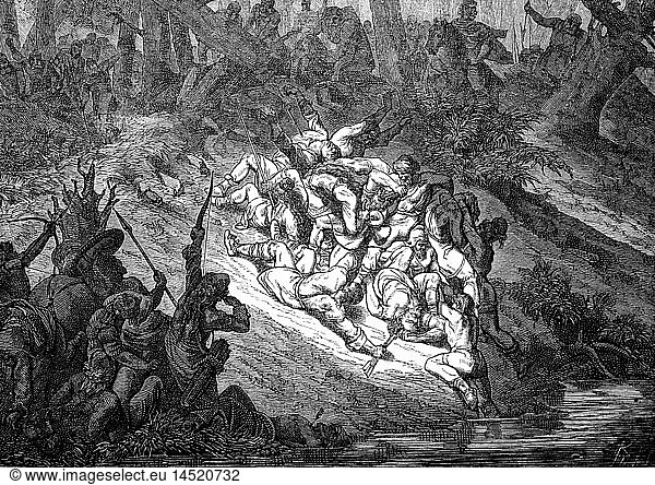 Middle Ages  Magyar Invasions 899 - 955  a Hungarian detachment is defeated at the Droemling Forest  954  wood engraving  19th century  historic  historical  Hungarian  Hungarians  wars  war  military  East Francia  10th century  Germany  fight  fighting  wood  woods  warriors  battle  Droming  DrÃ¶mling  medieval  people