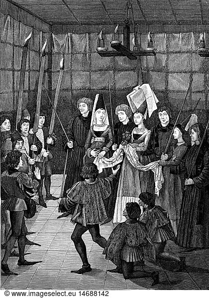 Middle Ages  mediaeval life  A festival at the court of Burgundy: The Prize of the Tournament  wood engraving  19th century  Bourgogne  courtly  society  societies  nobility  noblewoman  noble woman  noble women  nobles  women  men  man  contender  contenders  medieval  mediaeval  France  Holy Roman Empire  historic  historical  people