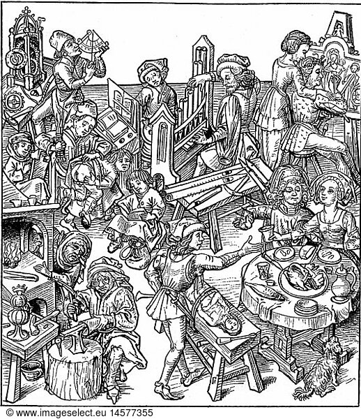 Middle Ages  people  mediaeval middle-class life  woodcut  illustration from 'Mittelalterliches Hausbuch'  late 15th century