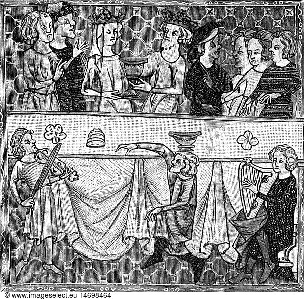 Middle Ages  society  festive table  after miniature  France  14th century  wood engraving  19th century  feast  celebration  bandsman  bandsmen  music  musician  musicians  entertainment  entertainments  amusement  leisure time  free time  spare time  table cloth  tablecloth  table cloths  tablecloths  nobility  aristocracy  people  group  groups  society  societies  festive  feastful  festal  table  tables  miniature  miniatures  historic  historical