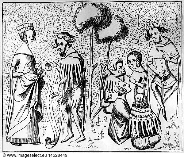 Middle Ages  society  knights and ladies at a Provencal Cours d'amour (Court of Love)  wood engraving after a manuscript from the 14th century  men  man  women  lofty love  love  Provence  amusement  amusements  nobility  noblemen  noblewomen  medieval  mediaeval  love  historic  historical  people