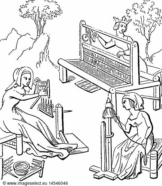 middle ages  society  the Queen and her ladies at homely work  after miniature  14th century  weaving  spinning  loom  technics  spindle  textiles  court  lady  women  woman  historic  historical  medieval  people