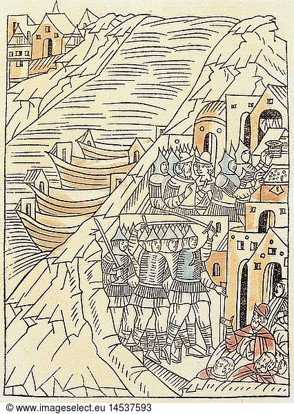 Middle Ages  Vikings  pillage of Kostroma  woodcut  coloured  16th century  private collection  historic  historical  geography  Russia  boats  city view  Varangians  Varyags  warriors  soldiers  river  graphic  graphics  print  prints  people  medieval