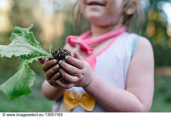 Midsection of girl holding plant