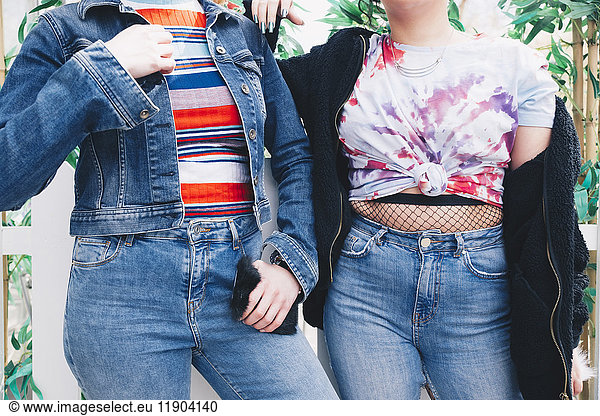 Midsection of hipster female friends standing against fence