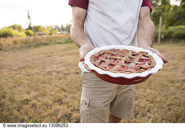 Midsection of man holding sweet pie while standing on field