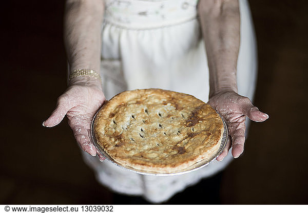 Midsection of woman holding meat pie while standing
