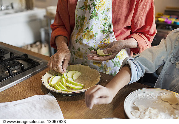 Midsection of woman with granddaughter arranging apple slices in plate