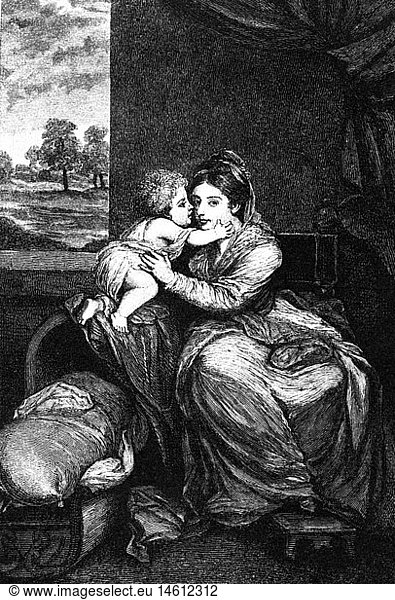 Milbanke  Elizabeth  1751 - 1818  British noblewoman  mistress of George of Hanover (later King George IV)  1780 - 1784  half length  with her child  wood engraving  19th century  after painting by Joshua Reynolds (1723 - 1792)