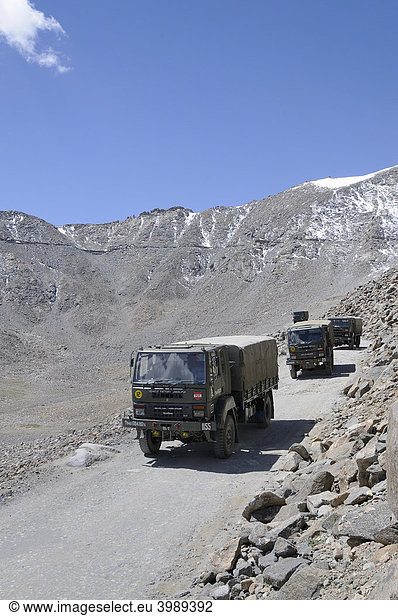 Militärkolonne auf dem Weg ins indisch-chinesisch-pakistanische Krisenbebiet am Khardong Pass  Leh  Ladakh  Indien  Himalaja  Asien