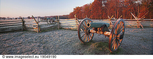 Military cannons used during the Battle of Gettysburg in 1863 are now historic relics among the battlefields in Gettysburg National Military Park  Pennsylvania  USA.