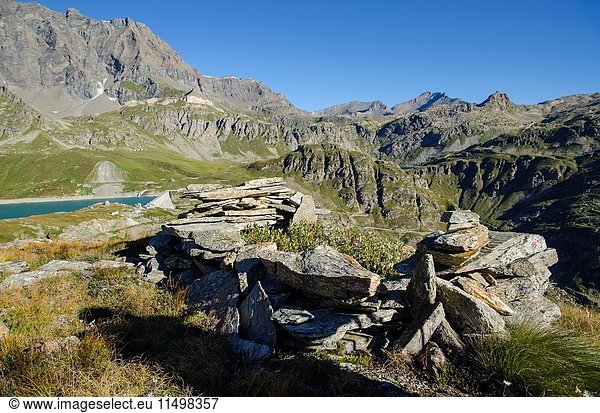 Military fortification over Serrù lake (Orco valley  Gran Paradiso National Park  Piedmont  Italian alps).