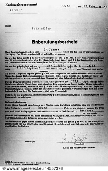 military  Germany  Bundeswehr (Federal Armed Forces)  draft notice  district recruiting office Celle  Lutz Mueller  1st Artillery Regiment  26.2.1957