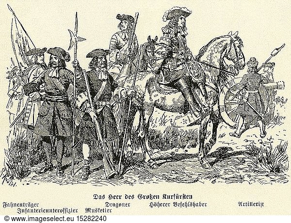 military  Germany  Prussia  the armed forces of the Great Elector / Frederick William von Brandenburg -  image from: Germany / the armed forces by A. von Boguslawski  the navy / by R. Aschenborn  published by Schall and Grund  Berlin  1896.