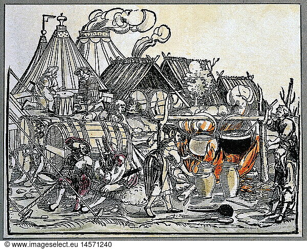 military  Landsknechts  bivouac with cooking female sutler  coloured woodcut  1st half 16th century  private collection  Landsknecht  camp  fire  tent  tents  barrel  barrels  supplies  game  gambling  woman  soldiers  mercenaries  Germany  army  historic  historical    people  women