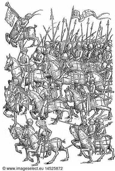 military  Middle Ages  mounted armed servants  woodcut after a pen drawing  14th century  warriors  servant  servants  manservant  menservants  soldiers  soldier  mounted  riding  rider  riders  cavalrymen  lance-bearing cavalryman  lance  lances  cavalry  cavalries  trumpeter  trumpeters  flag  flags  horse  horses  army  armies  historic  historical  medieval  people