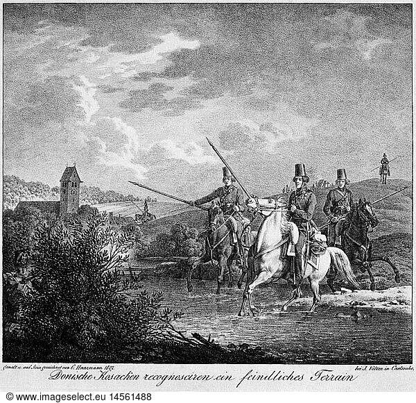 military  Russia  Cossacks  Don Cossacks on reconnaissance ride in enemy territory  lithograph by Carl Friedrich Heinzmann  1822