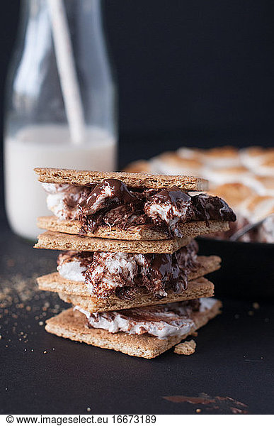 Milk Chocolate Skillet S'mores with ice cold milk