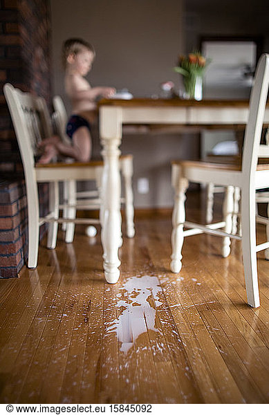 Milk mess made by toddler spilling milk off high tabletop
