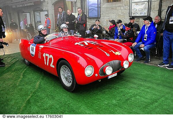 Mille Miglia 2016  time control  checkpoint  SAN MARINO  start no. 148 CISITALIA 202 MM SPYDER NOUVOLARI year 1947  vintage car race. San Marino  Italy  Europe
