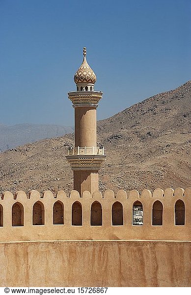 Minarett  Fort Nizwa und Qabus-Moschee  Nizwa  Ad Dakhiliyah  Oman  Asien
