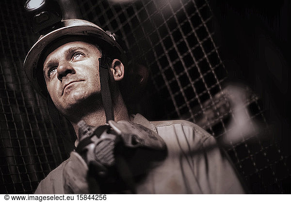 Miner in the elevator of the mine