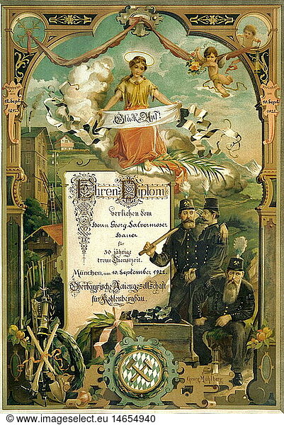 mining  coal mining  Germany  Bavaria  1922  certificate of honour for the coal hewer Georg Salvermoser in recognition of 30 years of service  1892 - 1922  issued by the Upper Bavarian coal mining corporation  Munich  decorated  black coal  miners  miner  working  20th century  historic  historical  production  1920s  20s  people