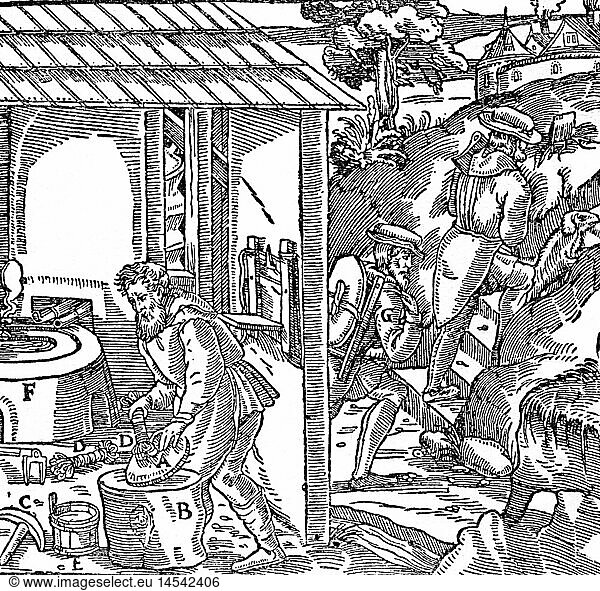 mining  mine  taking out and transporting lead ore  woodcut  'De re metallica libri XII' by Georgius Agricola  Basel  1556