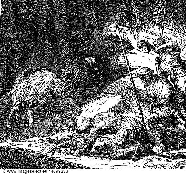 mining  silver  legend of the discovery of silver on the Rammelsberg mountain near Goslar  wood engraving  after drawing by Friedrich Hottenroth  19th century  Middle Ages  discovery  chance  coincidence  vein of silver  horse  horses  followers  emperor Otto I  Holy Roman Empire  10th century  lance  lances  spear  spears  metal  metals  historic  historical  find  medieval  people