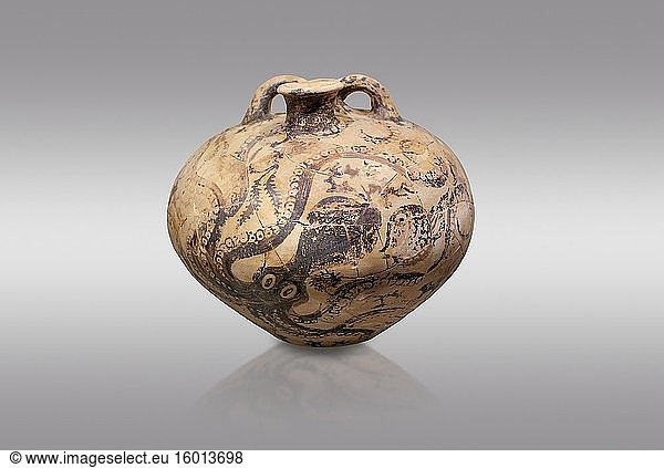 Minoan clay flask with octopus design  Speial Palatial Style   Pseira 1500-1400 BC BC  Heraklion Archaeological Museum  grey background.