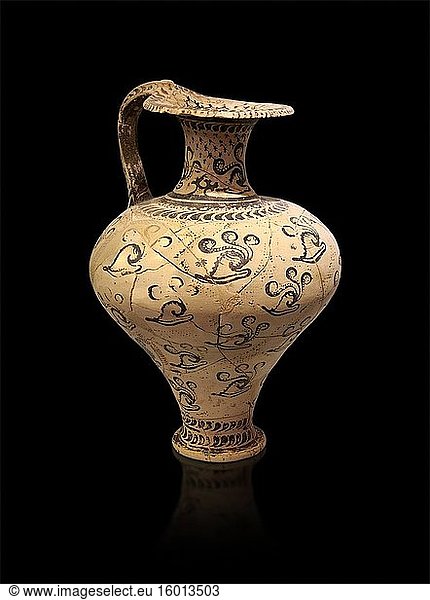 Minoan decorated jug with Marine style shell decoration  Zakros Palace 1500-1450 BC  Heraklion Archaeological Museum  black background.