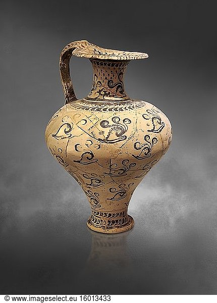 Minoan decorated jug with Marine style shell decoration  Zakros Palace 1500-1450 BC  Heraklion Archaeological Museum  grey background.