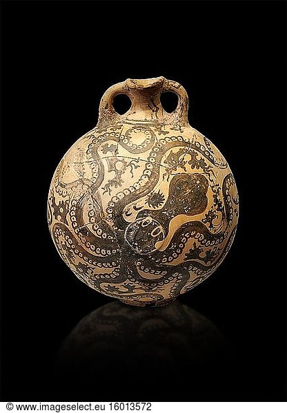 Minoan 2 handled flask with Marine style stylised octopus design  Palaikastro  1500-1450 BC  Heraklion Archaeological Museum  black background.