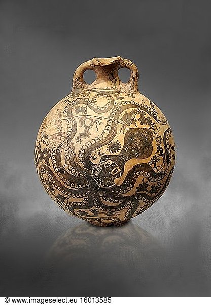 Minoan 2 handled flask with Marine style stylised octopus design  Palaikastro  1500-1450 BC  Heraklion Archaeological Museum  grey background.