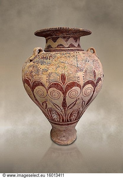 Minoan 'Palace Style' clay decorated jars from the Knossos-Isopata 'Royal Tomb' 1600-1500 BC BC  Heraklion Archaeological Museum.