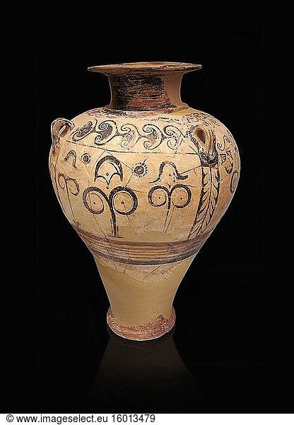Minoan 'Palace Style' clay decorated jars from the Knossos-Isopata 'Royal Tomb' 1600-1500 BC BC  Heraklion Archaeological Museum  black background.