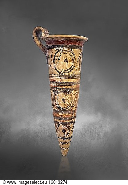 Minoisch dekoriertes konisches Rhython-Trankgefäß  Gournia 1600-1450 v. Chr.  Archäologisches Museum Heraklion  grau unterlegt.