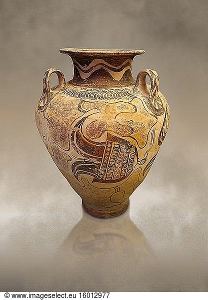 Minoisches Pithos-Steigbügelgefäß mit Meeresmotiv  Phaistos-Kalyvia 1400-1300 v. Chr.  Archäologisches Museum Heraklion.