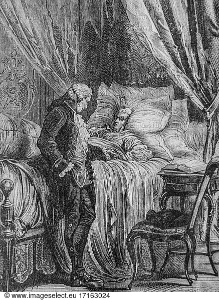 Mirabeau im Sterbebett  1672-1792  Geschichte Frankreichs von henri martin  Herausgeber furne 1850.