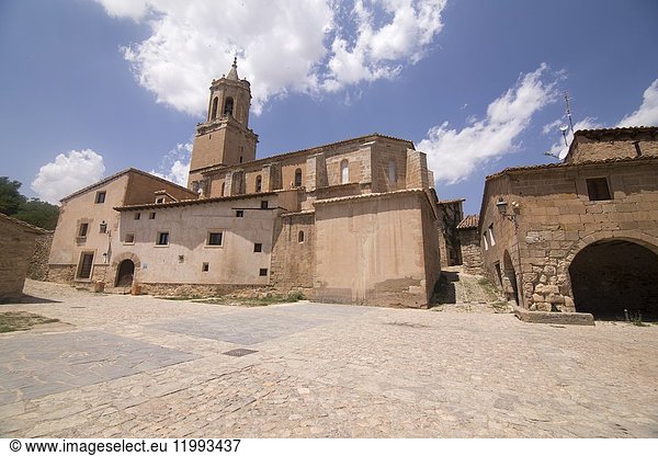 Miravete de la Sierra village in Teruel Aragon Spain. The main square with the church.