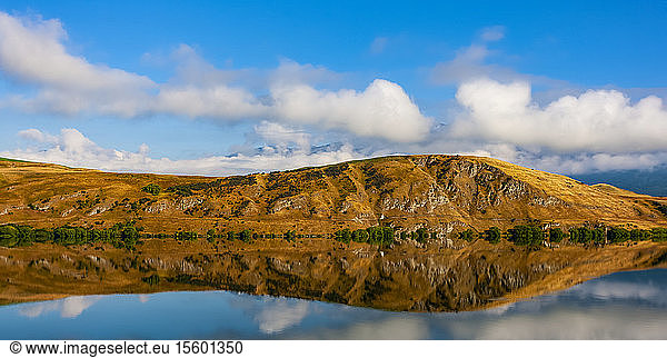 Mirror image of landscape into Lake Hayes; South Island  New Zealand